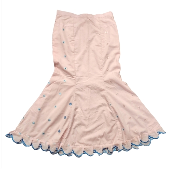 Vintage Mermaid Pink Cotton Maxi Skirt with Embroidered Flowers - Picture 2 of 8